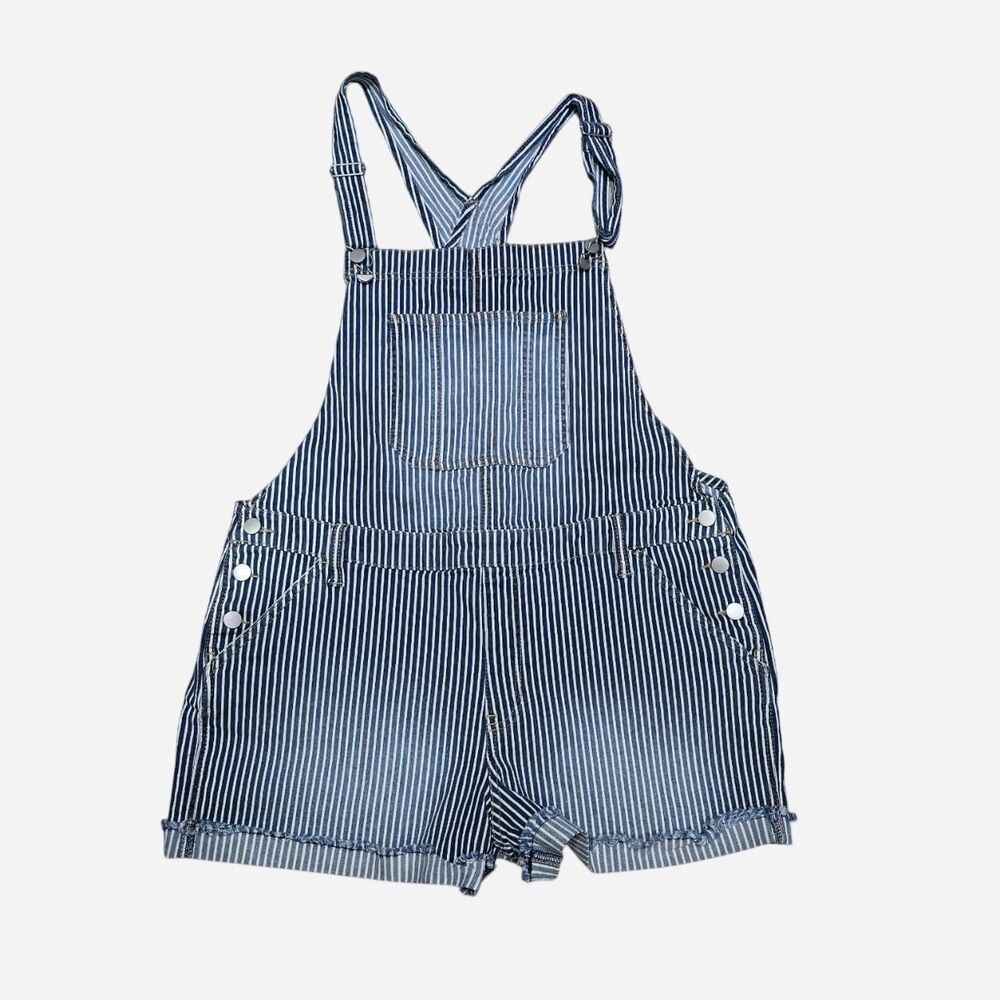 No Boundaries Women's 3X white/blue striped denim overalls